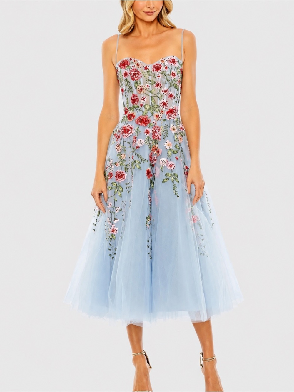 Mac Duggal Blue Bustier Embroidered Floral A-Line Dress NWT